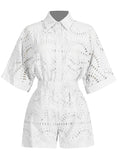 Dadizhimu New Embroidery Hook Design Medium Long-Sleeved Shirt Top + Casual High-Waist Shorts Fashion Two-Piece Set Of Women