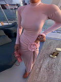 Dadizhimu Boutique Women's Clothing In Elegant Temperament Pure Dress Half-Neck Long Sleeve Sexy Open-Fork Floral Dress