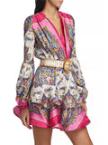 Dadizhimu Wind Print Lotus Leaf-Side Dress 2025 Summer New V-Neck Lantern Sleeves To Close The Waist Thin Skirt Woman