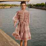 Dadizhimu Luxury Dress Women 2025 Spring New Hollow Lace Splicing Pearl Buckle Lantern Skirt