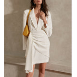 Dadizhimu A White V-Neck Banquet French Famous Style Dress Girded Long Sleeve Skirt