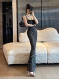 Dadizhimu Sexy Niche Brand Water Drill Slings Appear Thin Dress Black Apricot Long Dress Birthday Fishtail Dress