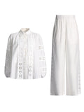 Dadizhimu Temperament Elegant Two Sets 2025 Summer New Fashion Collar Embroidered Shirt Top High Waist Straight Trousers Women