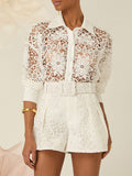 Dadizhimu Fashion Collar Embroidery Set 2025 New Sexy Hollow Flower Shirt + Temperamental Belt Shorts Woman