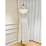 Dadizhimu Temperament V-Neck Net Yarn With Chest Cushion Ostrich Feather Beaded Flowers High Fork Thairy Long Skirt