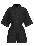 Dadizhimu New Embroidery Hook Design Medium Long-Sleeved Shirt Top + Casual High-Waist Shorts Fashion Two-Piece Set Of Women