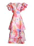 Dadizhimu Heavy Industry V-Neck Dress Dress Dress 2025 New Design-Sensitive Lotus Leaf Sleeve Long Dress