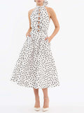 Dadizhimu Feel Dress Women 2025 New High-Necked Sleeveless Design Bow Wave Dot Long Skirt