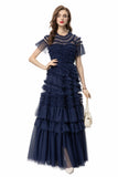 Dadizhimu 2024 Spring And Summer New Women's Round Neck Short Sleeve Mesh Yarn Ear Layer Red Banquet Dress Dress