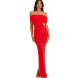 Dadizhimu Sexy Solid Color Elegant Chest-Shaped Shoulder Dress High-End Repair Fork Dress Long
