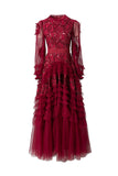 Dadizhimu And Autumn 2024 New Round Collar Retro Embroidery Weaving Mesh Wood Ear Heavy Industry Dress Dress Dress Woman