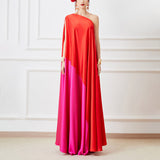 Dadizhimu Wind Loose Meatshade Oblique Shoulder Dress 2025 New Personality Splicing Bump Design Long Dress Women's Summer