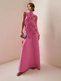Dadizhimu Elegant Style And Sleeveless Solid Dress 2025 New Three-Dimensional Flower Collage Design Long Dress