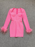 Dadizhimu Explosive High-Quality Women's Dress Long-Sleeved Feathers Tight Bandage Skirt