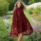 Dadizhimu Beauty Tea Break Dress 2025 Spring New Hollow Lace Loose Swing Long Sleeve Ribbon Dress Dress Woman