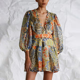 Dadizhimu Retro-Print Dress 2025 New Temperament V Tie Collar Collar Slimming Short Skirt Woman
