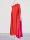 Dadizhimu Elegant Dress 2025 Spring New Slant Shoulder Splicing Colliding Color Niche Personality Loose Body Dress Dress Woman