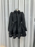 Dadizhimu 2024 New Sexy Long Sleeves With Waisted Butter Bows Layers Of Lotus Leaf-Side Skirt Dress Dress Woman