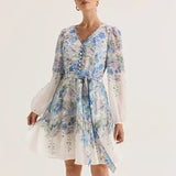 Dadizhimu Fresh Wind Printing Collar With Waist Design Short Dress 2025 New Temperament V Collar Long Sleeve Short Dress Woman