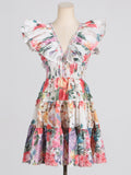 Dadizhimu Trendy Design Dress 2025 New Fashion Flying Sleeve Print Lotus Leaf Side A Short Skirt Woman Trend