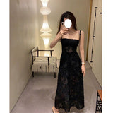 Dadizhimu Black Jacarnous Sling Dress French Sexy Bra Dress Micro-Permeal Skirt Long Waist Skirt