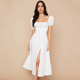 Dadizhimu Women's Dress French Fashion Elegant Floral Long Dress Female Bare Backs Open Fork Bubble Sleeve Dress