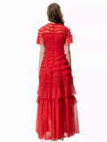 Dadizhimu 2024 Spring And Summer New Women's Round Neck Short Sleeve Mesh Yarn Ear Layer Red Banquet Dress Dress