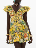 Dadizhimu Trendy Design Dress 2025 New Fashion Flying Sleeve Print Lotus Leaf Side A Short Skirt Woman Trend
