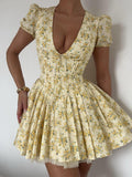 Dadizhimu Sexy Deep V Short Sleeves Crumid Summer French Dress Sweet Spicy Fashion Puff Small Dress Summer Dress