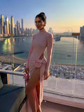 Dadizhimu Boutique Women's Clothing In Elegant Temperament Pure Dress Half-Neck Long Sleeve Sexy Open-Fork Floral Dress