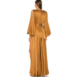 Dadizhimu Women's Deep V Shoulder Decoration Trumpet Sleeves Under The Open Fork Elegant Long Dress