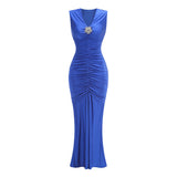 Dadizhimu Solid Color V-Neck Sleeveless Dress Woman High-End Sexy Tuxedo Fishtail Dress Long