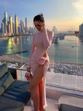 Dadizhimu Boutique Women's Clothing In Elegant Temperament Pure Dress Half-Neck Long Sleeve Sexy Open-Fork Floral Dress