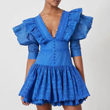 Dadizhimu Court Style V-Neck Bubble Sleeve Dress 2025 New Lace Embroidery To Collect Thin Short Dress Woman