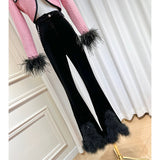 Dadizhimu Wind Rose Flower Brooch Short Ostrich Coat High Waist Water Drill Chain Velvet Trumpet Trousers