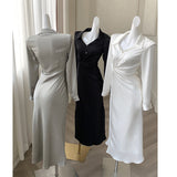 Dadizhimu Design Sense Of The Rice White V-Neck Shirt Dress Gentle Temperament Female Folds To The Waist Thin Fishtail Dress