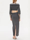 Dadizhimu Wind Two Sets 2025 New One-Word Shoulder Hanging Neck Short Top + Open Skirt Dress Suit Woman