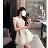Dadizhimu Wind Banquet Small Dress Female French Temperament Design Swan Lake Pong Network Yarn Splicing Pearl Dress