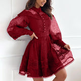 Dadizhimu Style High-End Embroidery Hook Dress 2025 New Lantern Sleeves To Close The Waist Thin Solid Color Dress Women's Summer