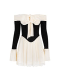 Dadizhimu Design With A Bow With A Word Shoulder Long-Sleeved Dress Women's Wear Mesh Splicing Sexy Bare Back Skirt