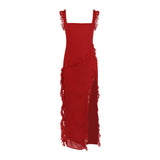 Dadizhimu Women's French Suspension Dress Design Sensual Spice Girls Sexy Open Fork Dress Red Chiffon Dress Summer