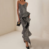 Dadizhimu Fashion Sexy Beads Smeared Breasts Mid-Smeared High-End Hem Leaf Party Small Dress Dress Dress Dress