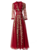 Dadizhimu Collar Nine-Sleeves To Close The Waist Fluffy Swing Net Gold Embroidered Dress Dress Long Dress