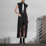 Dadizhimu 2025 New High-End Sense Collar Hollow Open-Fork Temperament Black Dress Tie Long Dress Woman Trend