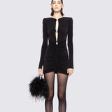 Dadizhimu Sexy Hollow Decoration Diamond Buckle Long-Sleeved Dress Women's New Small Pure Desire To Decorate The Design Dress