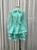 Dadizhimu 2024 New Sexy Long Sleeves With Waisted Butter Bows Layers Of Lotus Leaf-Side Skirt Dress Dress Woman