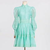 Dadizhimu Retro High-End Short Dress 2025 Summer New Fashion Collar Lantern Sleeve Mesh Waist Dress Dress Woman