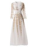 Dadizhimu Collar Nine-Sleeves To Close The Waist Fluffy Swing Net Gold Embroidered Dress Dress Long Dress