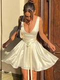 Dadizhimu Sexy Deep V Tie With Body-Caught White Short Dress Babes Sleeveless Dress Women's Pure Lust