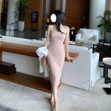 Dadizhimu Temperament Elegant Woman Body-Bodying And Hip-A-Word Shoulder-Wielt Dress Women's Banquet French Bag Hip Dress